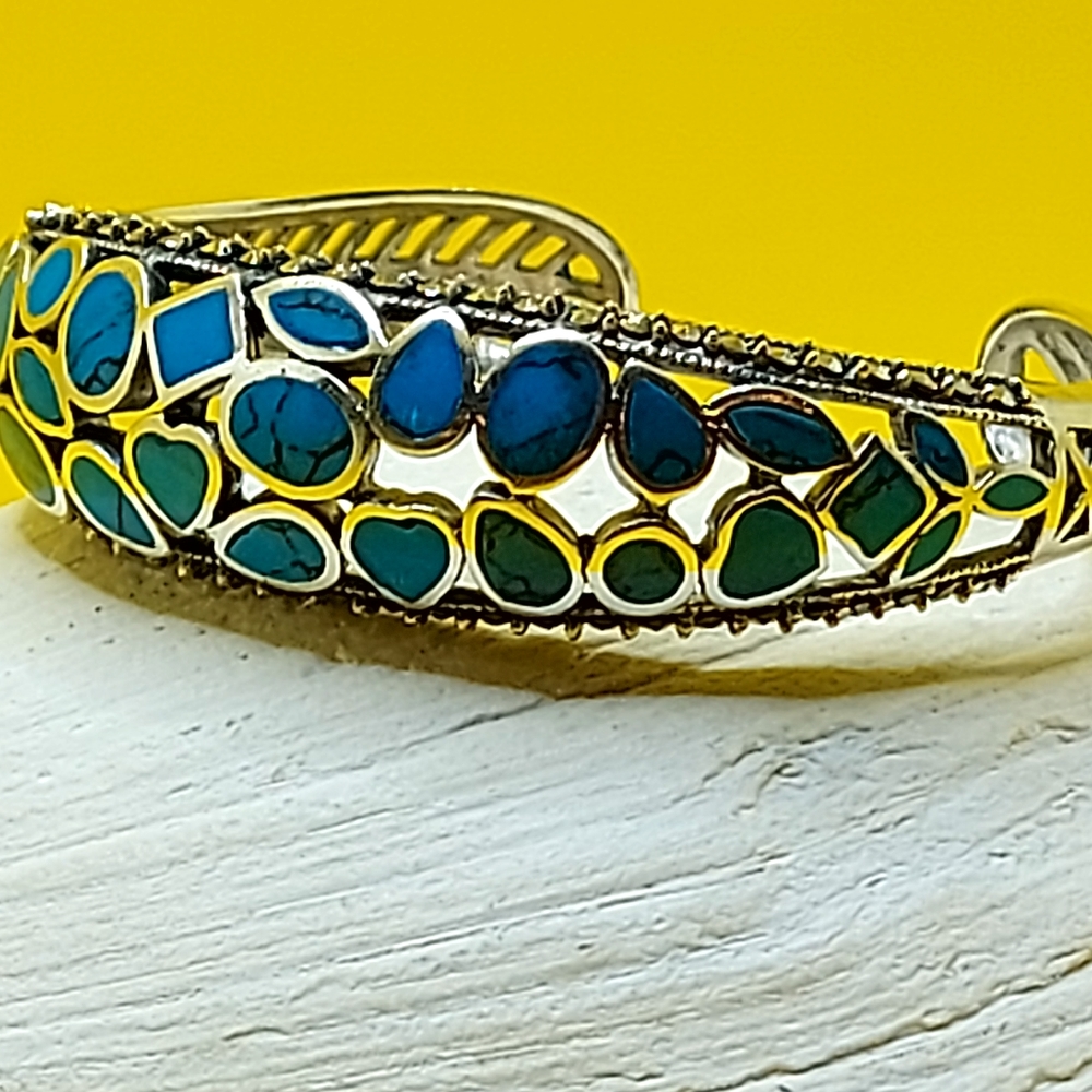Natural Stabilized‎ Blue Turquoise 7x5mm & Marcasite 925 Sterling Silver Bangle - Picture 7 of 10